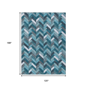 HomeRoots 10' Teal Blue and Ivory Geometric Area Rug - Stylish, Washable, Indoor/Outdoor, Durable & Easy Care! 658194