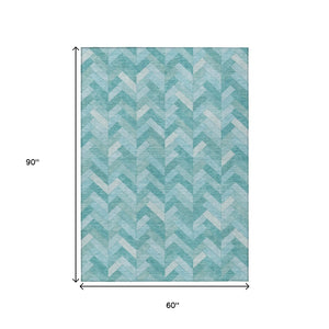 HomeRoots 5' Aqua and Ivory Geometric Area Rug - Durable, Washable Design for Indoor & Outdoor Spaces! 658196