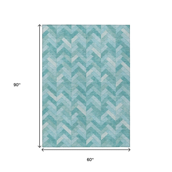 HomeRoots 5' Aqua and Ivory Geometric Area Rug - Durable, Washable Design for Indoor & Outdoor Spaces! 658196