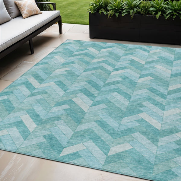 HomeRoots 5' Aqua and Ivory Geometric Area Rug - Durable, Washable Design for Indoor & Outdoor Spaces! 658196