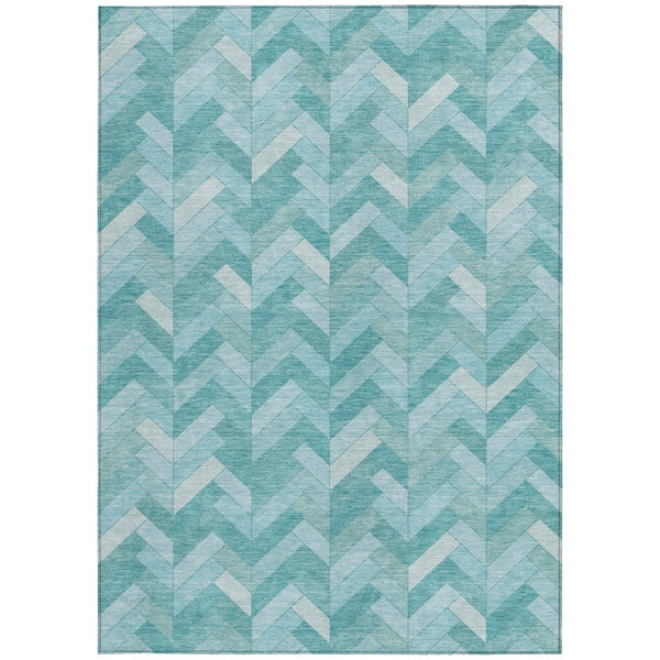 HomeRoots 5' Aqua and Ivory Geometric Area Rug - Durable, Washable Design for Indoor & Outdoor Spaces! 658196