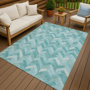 HomeRoots 5' Aqua and Ivory Geometric Area Rug - Durable, Washable Design for Indoor & Outdoor Spaces! 658196