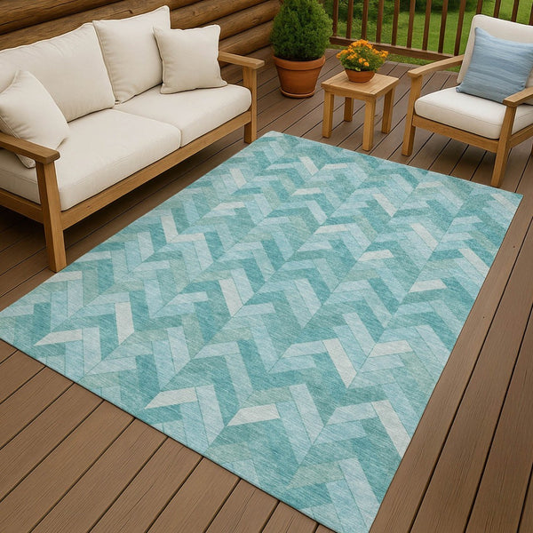 HomeRoots 5' Aqua and Ivory Geometric Area Rug - Durable, Washable Design for Indoor & Outdoor Spaces! 658196