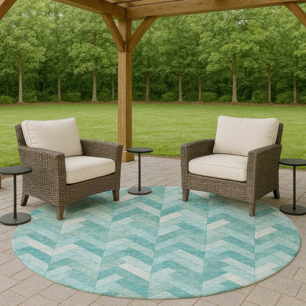 HomeRoots 8' Aqua and Ivory Round Rug - Stylish, Washable Geometric Design for Indoor & Outdoor Spaces 658197