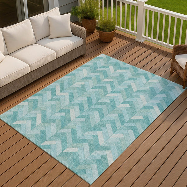 HomeRoots 8' Aqua and Ivory Geometric Area Rug - Durable, Washable, Indoor-Outdoor Design for Any Space! 658198