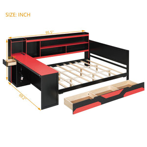 English Elm Queen Gaming Bed Frame with Desk Led Lighting Storage Drawers and Bookcase Headboard Black+Red LP000290AAJ