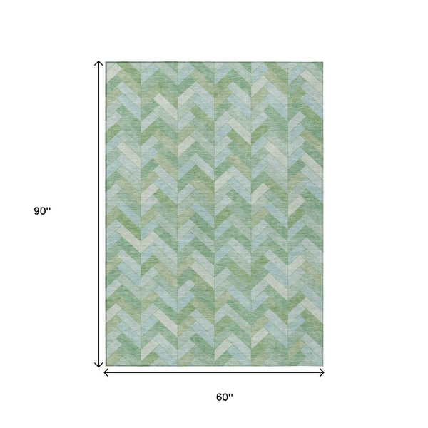 HomeRoots 5' Geometric Green and Ivory Washable Area Rug - Durable Indoor Outdoor Style for High-Traffic Areas 658202