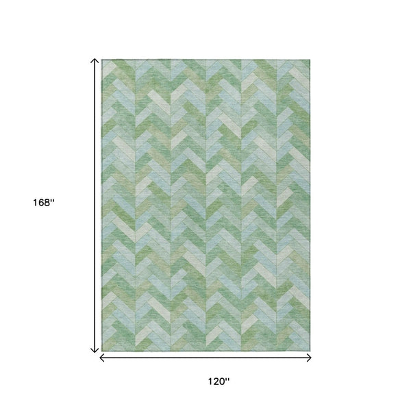 HomeRoots 10' X 14' Stylish Green and Ivory Geometric Washable Area Rug for Indoor & Outdoor Spaces, Durable Design 658206