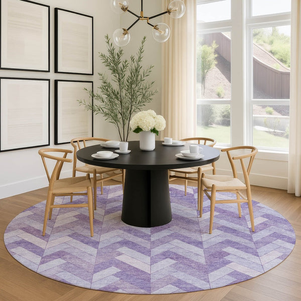 HomeRoots 8' Plum and Ivory Geometric Round Rug - Stylish, Washable, Indoor/Outdoor Accent for High-Traffic Spaces 658209