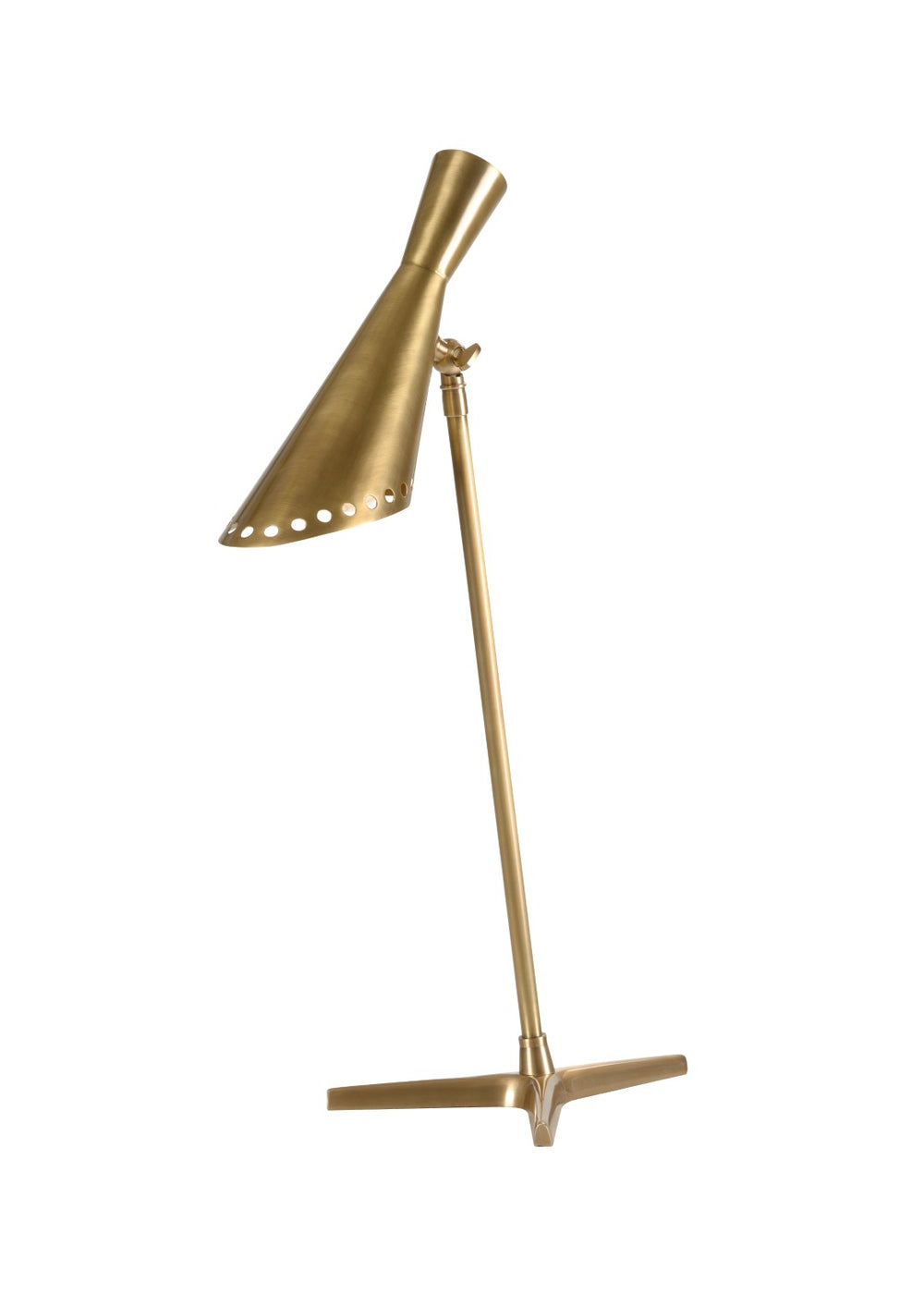 Wildwood Cliff Mid-Century Table Lamp In Antique Brass — Perforated Hourglass Shade, Slim Tripod Base, 28" 65821