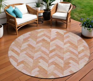 HomeRoots 8' Salmon and Ivory Round Geometric Area Rug - Washable, Durable Design for Indoor & Outdoor Use 658215