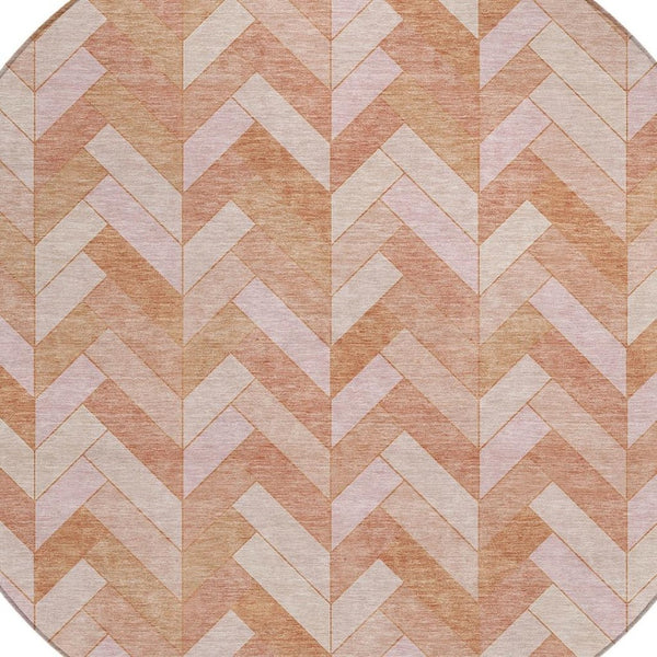 HomeRoots 8' Salmon and Ivory Round Geometric Area Rug - Washable, Durable Design for Indoor & Outdoor Use 658215
