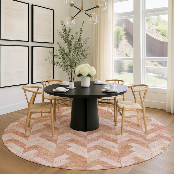 HomeRoots 8' Salmon and Ivory Round Geometric Area Rug - Washable, Durable Design for Indoor & Outdoor Use 658215