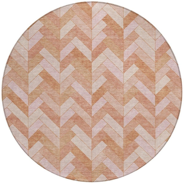 HomeRoots 8' Salmon and Ivory Round Geometric Area Rug - Washable, Durable Design for Indoor & Outdoor Use 658215