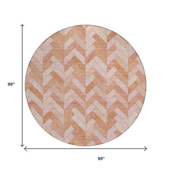 HomeRoots 8' Salmon and Ivory Round Geometric Area Rug - Washable, Durable Design for Indoor & Outdoor Use 658215