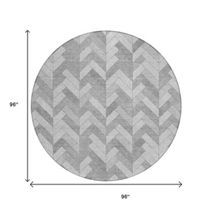 HomeRoots 8' Stylish Silver and Gray Round Geometric Rug – Washable Indoor/Outdoor for High-Traffic Areas 658221