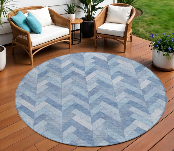 HomeRoots 8' Sky Blue and Silver Round Geometric Indoor-Outdoor Area Rug - Durable, Washable, Stylish Design 658227