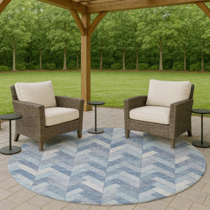 HomeRoots 8' Sky Blue and Silver Round Geometric Indoor-Outdoor Area Rug - Durable, Washable, Stylish Design 658227