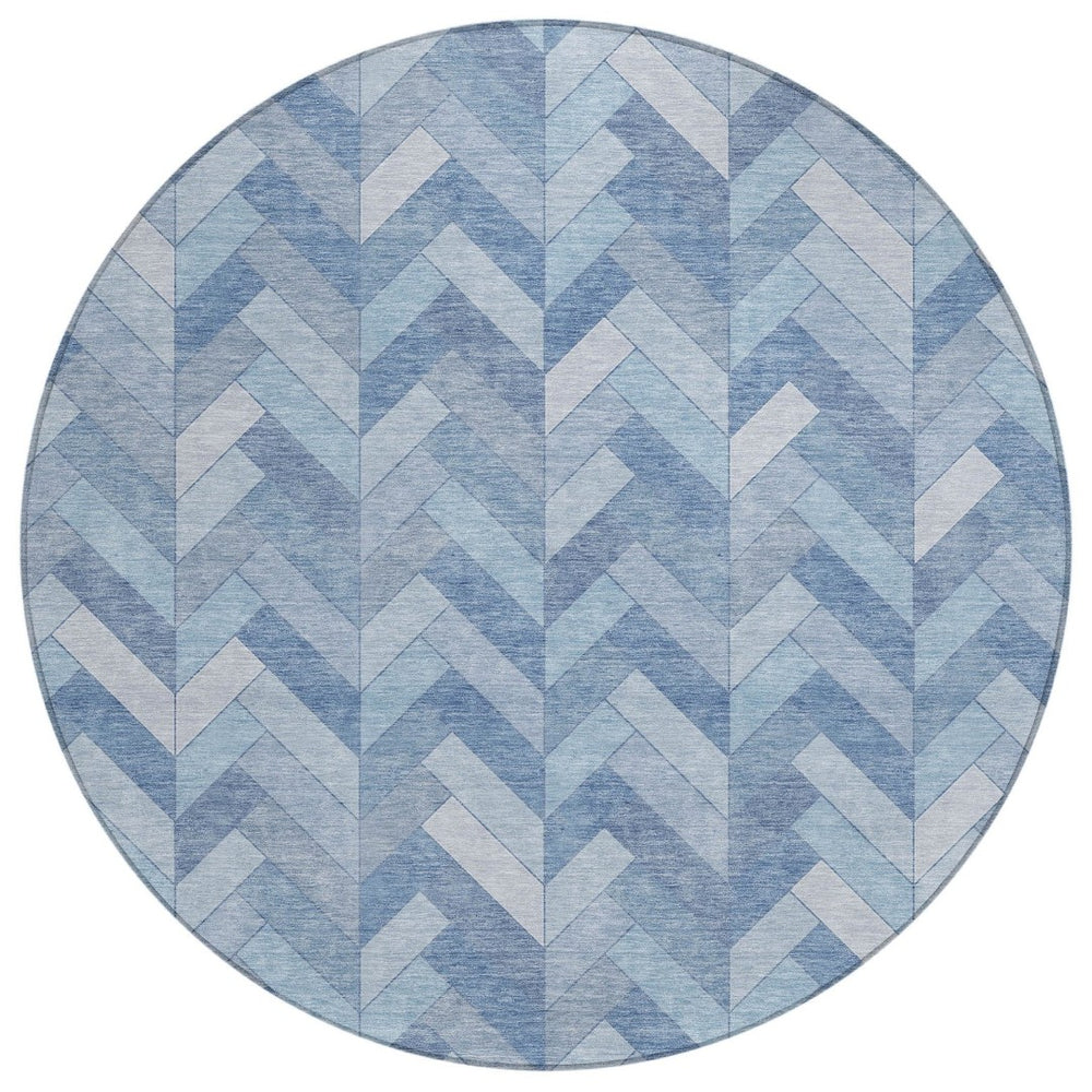HomeRoots 8' Sky Blue and Silver Round Geometric Indoor-Outdoor Area Rug - Durable, Washable, Stylish Design 658227