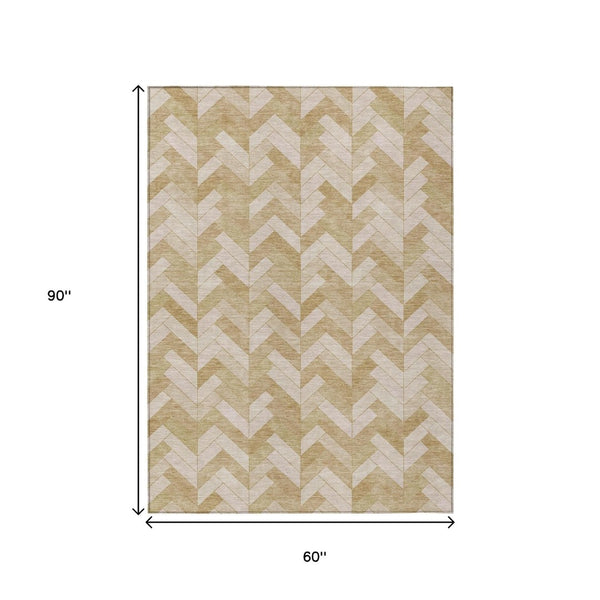 HomeRoots 5' Wheat and Beige Geometric Area Rug - Stylish, Washable, Indoor/Outdoor, Durable for High Traffic Areas 658238