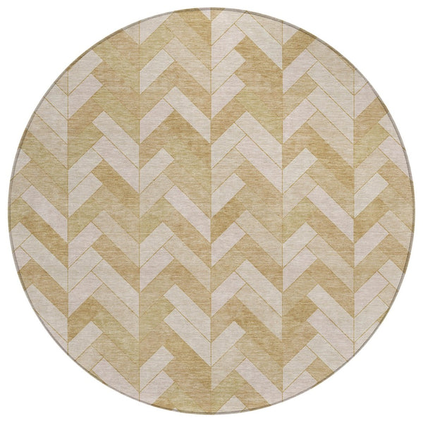 HomeRoots 8' Wheat and Beige Round Geometric Rug – Stylish, Washable, Durable for Indoor/Outdoor Spaces 658239