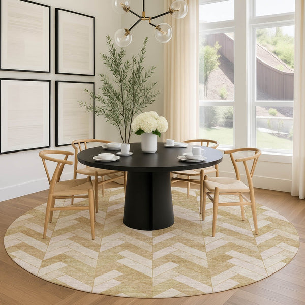 HomeRoots 8' Wheat and Beige Round Geometric Rug – Stylish, Washable, Durable for Indoor/Outdoor Spaces 658239