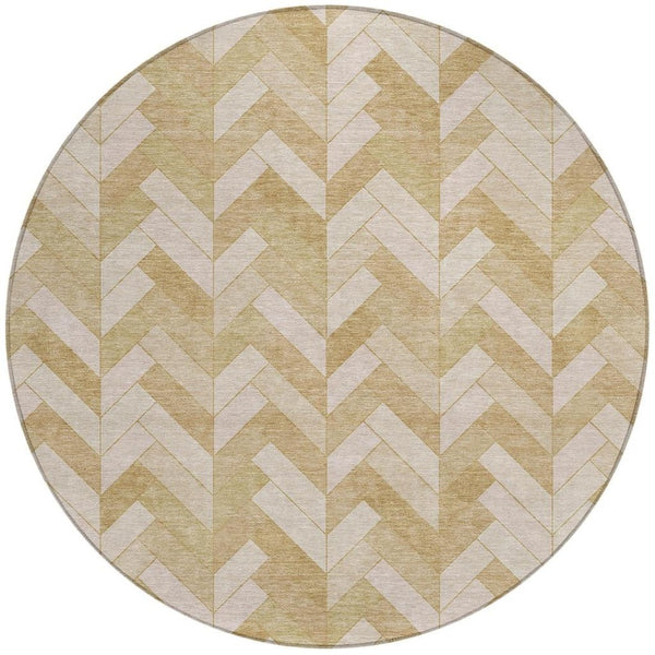 HomeRoots 8' Wheat and Beige Round Geometric Rug – Stylish, Washable, Durable for Indoor/Outdoor Spaces 658239