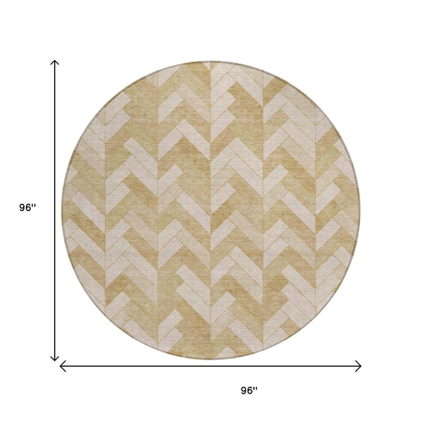 HomeRoots 8' Wheat and Beige Round Geometric Rug – Stylish, Washable, Durable for Indoor/Outdoor Spaces 658239