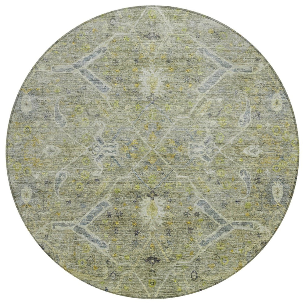 HomeRoots 8' Artichoke Green Floral Round Rug - Durable, Washable Indoor/Outdoor Area Rug for High-Traffic Spaces 658245