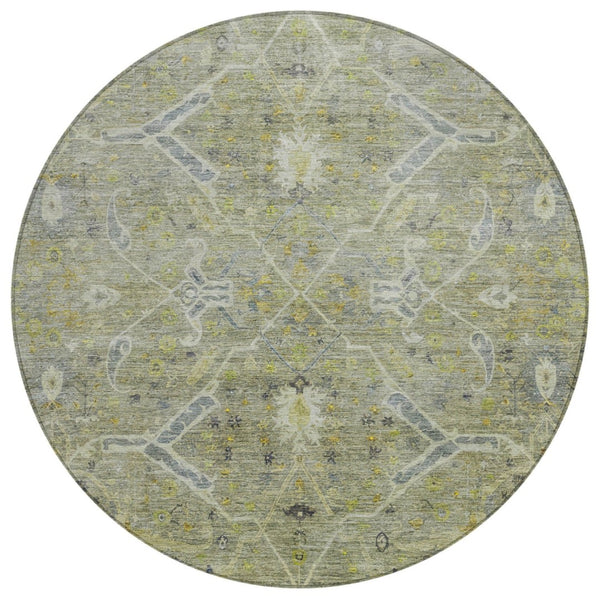 HomeRoots 8' Artichoke Green Floral Round Rug - Durable, Washable Indoor/Outdoor Area Rug for High-Traffic Spaces 658245