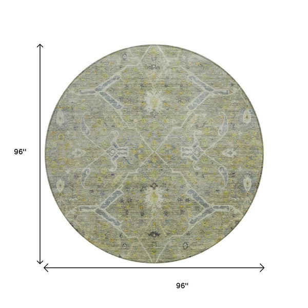 HomeRoots 8' Artichoke Green Floral Round Rug - Durable, Washable Indoor/Outdoor Area Rug for High-Traffic Spaces 658245