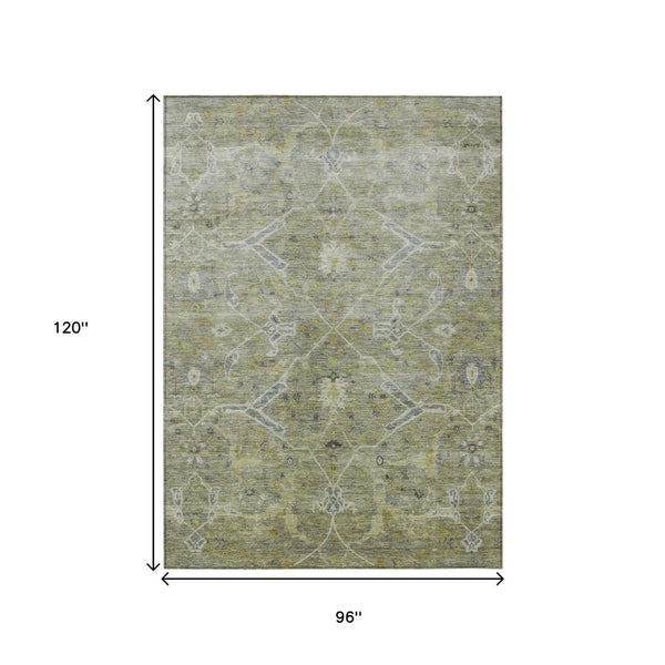 HomeRoots 8' X 10' Artichoke Green & Gray Floral Washable Area Rug - Durable, Elegant for Indoor/Outdoor Spaces 658246