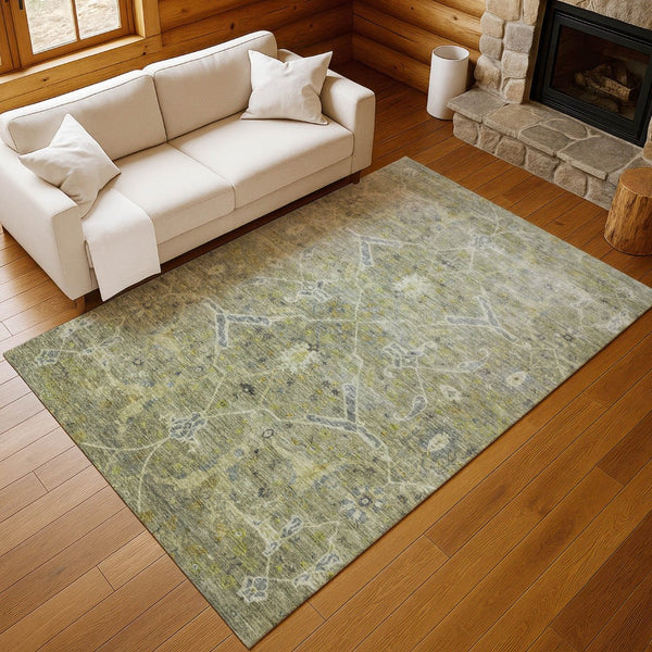 HomeRoots 8' X 10' Artichoke Green & Gray Floral Washable Area Rug - Durable, Elegant for Indoor/Outdoor Spaces 658246