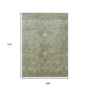 HomeRoots 9' X 12' Artichoke Green Floral Area Rug – Indoor/Outdoor Washable, Stain-Resistant, Durable Design 658247