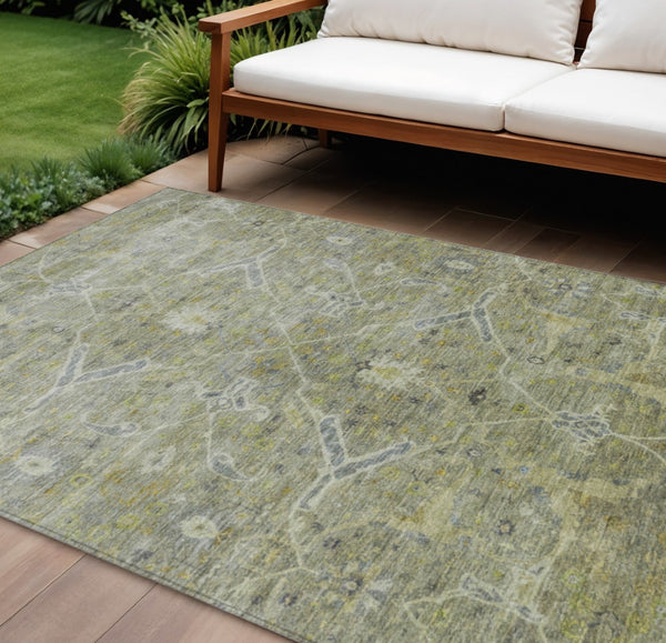 HomeRoots 10' Artichoke Green & Gray Floral Washable Area Rug – Durable, Stylish for Indoor & Outdoor Use! 658248