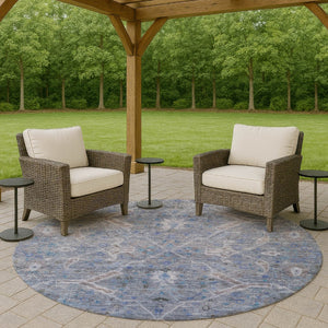 HomeRoots 8' Round Floral Area Rug in Blue and Gray - Durable, Washable Design for Indoor and Outdoor Use 658251