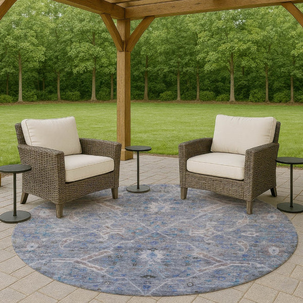 HomeRoots 8' Round Floral Area Rug in Blue and Gray - Durable, Washable Design for Indoor and Outdoor Use 658251