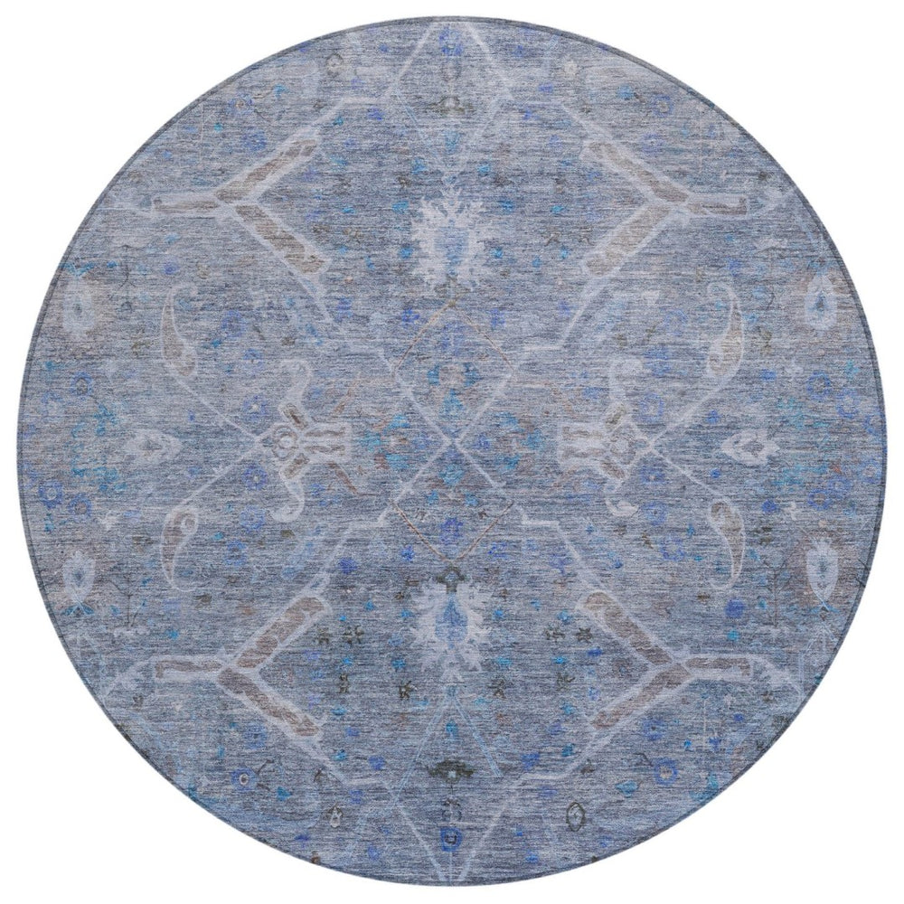 HomeRoots 8' Round Floral Area Rug in Blue and Gray - Durable, Washable Design for Indoor and Outdoor Use 658251