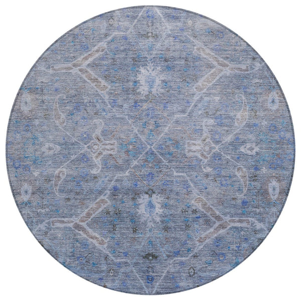 HomeRoots 8' Round Floral Area Rug in Blue and Gray - Durable, Washable Design for Indoor and Outdoor Use 658251