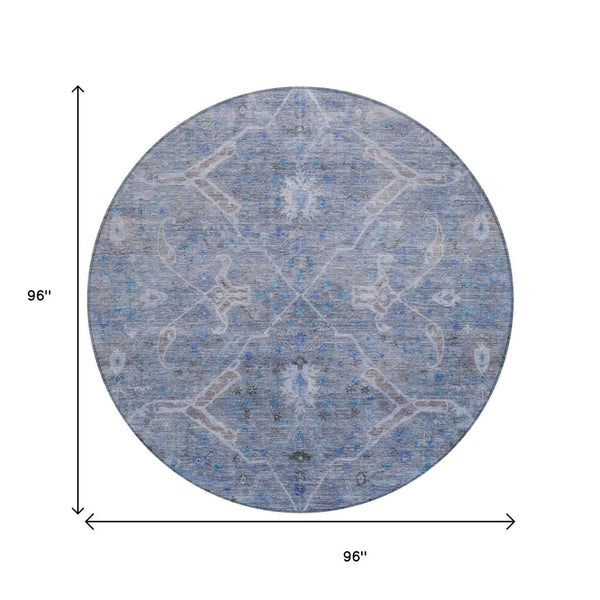 HomeRoots 8' Round Floral Area Rug in Blue and Gray - Durable, Washable Design for Indoor and Outdoor Use 658251