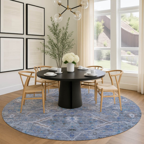 HomeRoots 8' Round Floral Area Rug in Blue and Gray - Durable, Washable Design for Indoor and Outdoor Use 658251