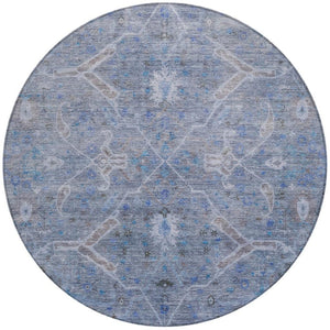 HomeRoots 8' Round Floral Area Rug in Blue and Gray - Durable, Washable Design for Indoor and Outdoor Use 658251