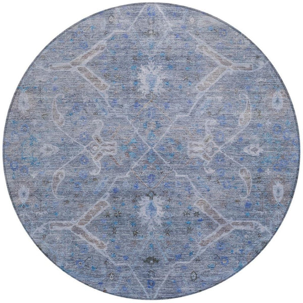 HomeRoots 8' Round Floral Area Rug in Blue and Gray - Durable, Washable Design for Indoor and Outdoor Use 658251