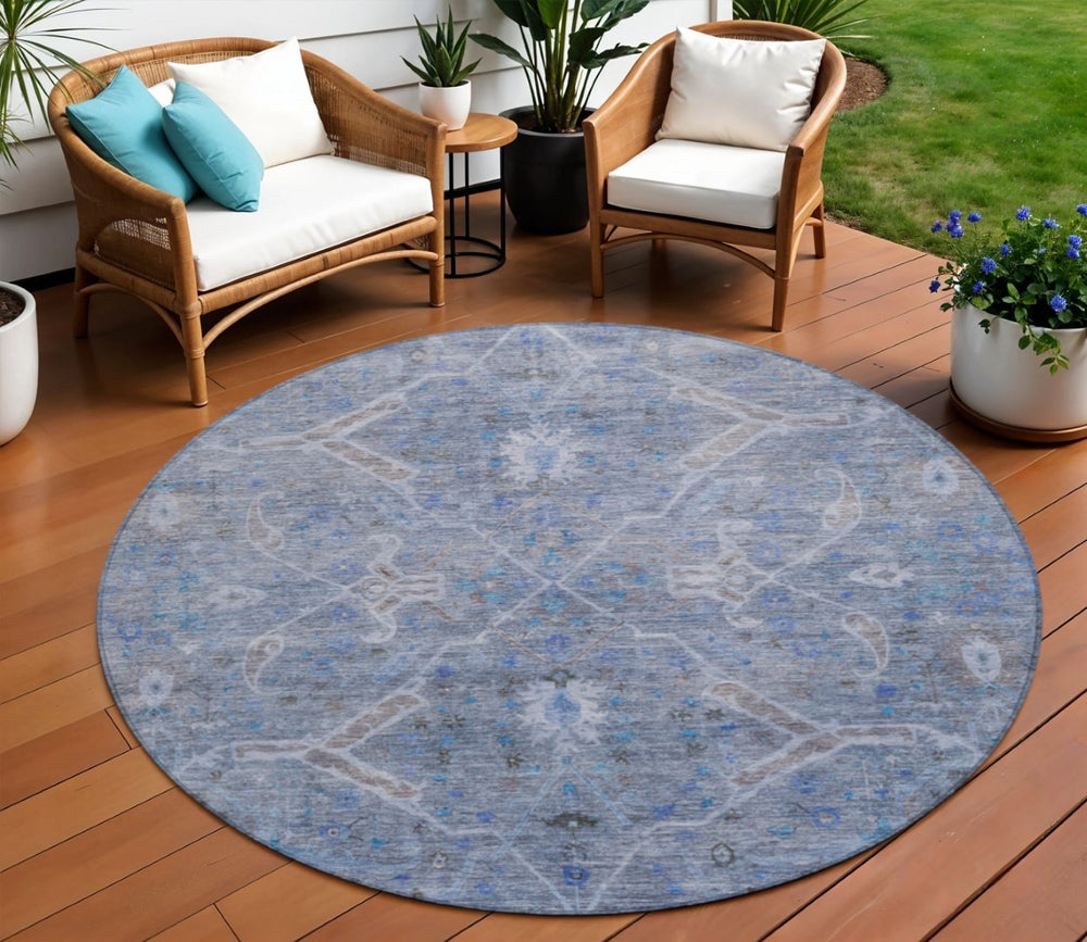 HomeRoots 8' Round Floral Area Rug in Blue and Gray - Durable, Washable Design for Indoor and Outdoor Use 658251