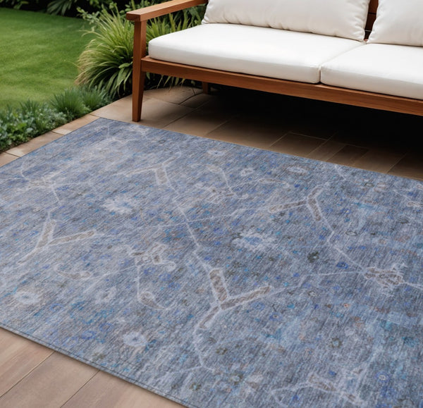 HomeRoots 10' Blue and Gray Floral Area Rug – Washable, Stain-Resistant, Indoor/Outdoor, Family-Friendly Design 658254