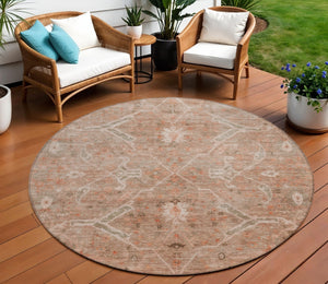 HomeRoots 8' Coral and Copper Round Floral Area Rug - Washable, Durable, Perfect for Indoor and Outdoor Spaces 658257