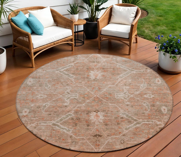 HomeRoots 8' Coral and Copper Round Floral Area Rug - Washable, Durable, Perfect for Indoor and Outdoor Spaces 658257