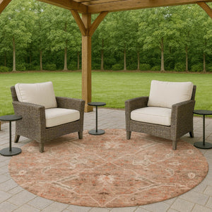 HomeRoots 8' Coral and Copper Round Floral Area Rug - Washable, Durable, Perfect for Indoor and Outdoor Spaces 658257