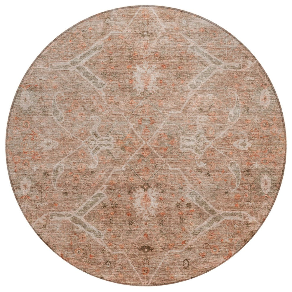 HomeRoots 8' Coral and Copper Round Floral Area Rug - Washable, Durable, Perfect for Indoor and Outdoor Spaces 658257
