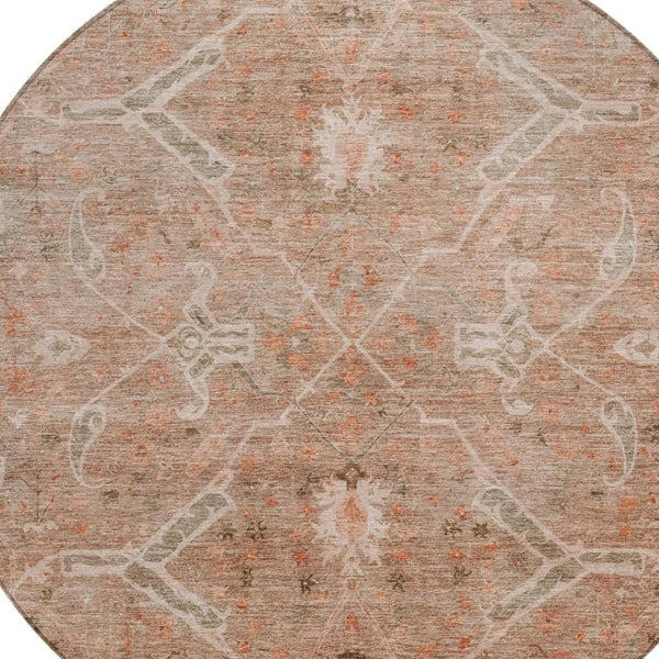 HomeRoots 8' Coral and Copper Round Floral Area Rug - Washable, Durable, Perfect for Indoor and Outdoor Spaces 658257